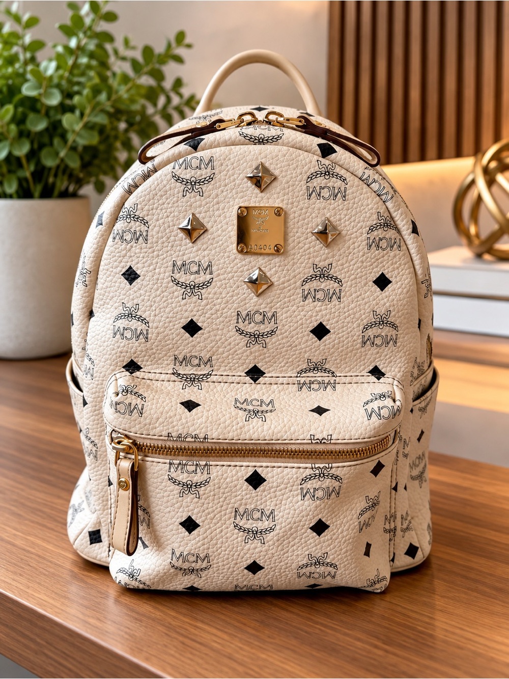 MCM Beige Monogram Studded Visetos Mini Backpack